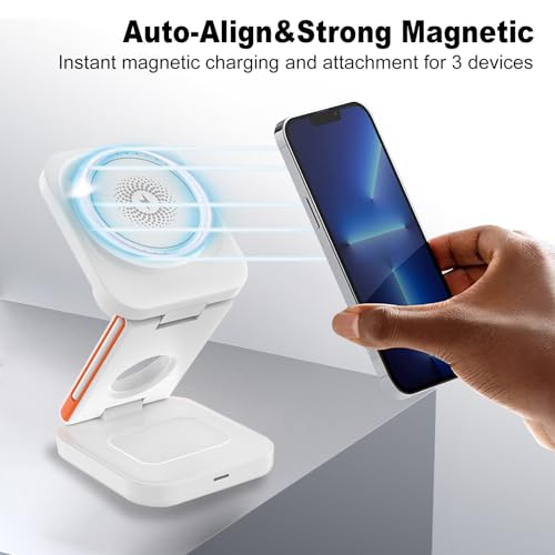 Upgrated 3 in 1 Wireless Charging Station Foldable Fast Wireless Charger Magnetic Charging Stand for iPhone 16 15 14 13 12 Pro Max for Apple Watch 9 8 7 6 5 4 3 2 for AirPods 3 2 Pro (White) - color: White