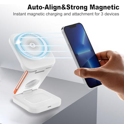 Upgrated 3 in 1 Wireless Charging Station Foldable Fast Wireless Charger Magnetic Charging Stand for iPhone 16 15 14 13 12 Pro Max for Apple Watch 9 8 7 6 5 4 3 2 for AirPods 3 2 Pro (White) - color: White