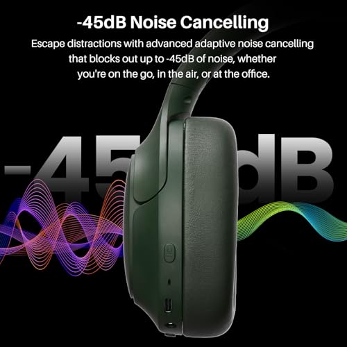 TOZO HT3 Hybrid Noise Cancelling Wireless Headphones, 90H Over Ear Headset - color: Green