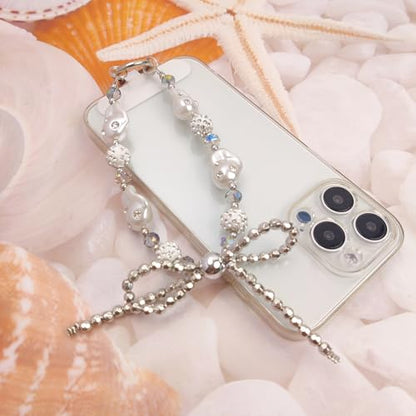 Cute Phone Wrist Strap Chic Beaded Cellphone Lanyard Phone Charm Grip Strap - color: Silver Pearls