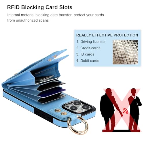 Folosu for iPhone 15 Pro Max Wallet Case with Card Holder, Hand Wrist Strap Loop Holder Kickstand, RFID Blocking Finger Grip Ring PU Leather Double Buttons Shockproof Cover 6.7" Blue - color: Blue