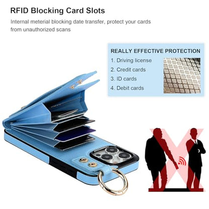 Folosu for iPhone 15 Pro Max Wallet Case with Card Holder, Hand Wrist Strap Loop Holder Kickstand, RFID Blocking Finger Grip Ring PU Leather Double Buttons Shockproof Cover 6.7" Blue - color: Blue