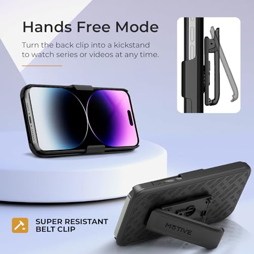 MOTIVE for iPhone 14 Pro Max Case with Belt Clip, Rigid, Kickstand | 6.7" | Ranger v1 Series, Black, 360° holster, open-top/open-bottom port access, textured grip, slim - size: iPhone 14 Pro Max