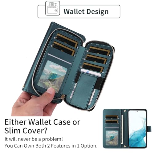 Wallet Case for Samsung Galaxy S21 5G 6.2 inch with Wrist Strap, 9+ Card Slots Zipper Purse, Luxury PU Leather Stand Full Body Accessories Cell Phone Cover for S 21 21S G5 Women Girls Green | Girls, Wrist/Shoulder Strap, 9+ Card Slots Zipper Purse, Luxury