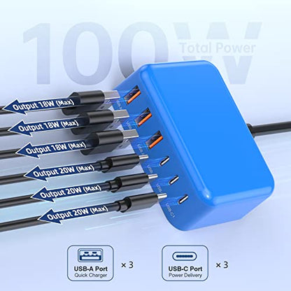 100W 6 in 1 USB Charger, 50% Smaller Charging Station for Multiple Devices - color: C-Blue