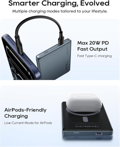 Kuulaa 10000mAh Magnetic Portable Charger Slim Magsafe Battery Pack 0.47'' Power Bank Support USB C PD 20W Fast Charging, Compatible with iPhone air/16/15/14/13/12 - color: Grey