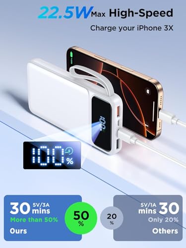 Power Bank, Portable Charger with Built in Cable Fast Charging Battery Pack - color: White