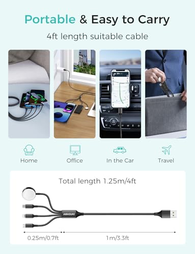 2Pack Multi Charging Cable for Apple Watch Charger 4 in 1 Travel Essentials RV Camping Essentials USB C/L/Micro Compatible with iWatch Series 11-1/iPhone 17/16/15/Android Airplane Gadgets-4FT/Black - color: Black, size: 4FT+4FT