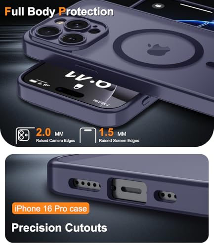 Magnetic Case for iPhone 16 Pro Case with Screen Protector+Wrist Strap | Compatible with MagSafe,Full Camera Protection,Slim Translucent Matte Phone Cover,Dark Purple - color: Dark Purple