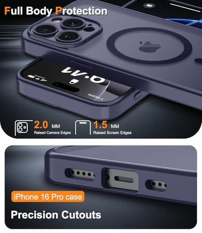 Magnetic Case for iPhone 16 Pro Case with Screen Protector+Wrist Strap | Compatible with MagSafe,Full Camera Protection,Slim Translucent Matte Phone Cover,Dark Purple - color: Dark Purple