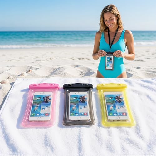 3 Pack Waterproof Phone Pouch Underwater Dry Bag Ultra-Clear Dual-Sided Touchscreen Case with Lock Seal for Swimming Snorkeling & Beach-Pink-Black-Yellow - color: Pink-Black-Yellow