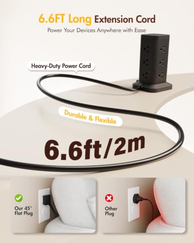 12AC 3USB Power Strip Tower Surge Protector 1800J, 6ft, Black, 1 - color: Black, size: 6ft