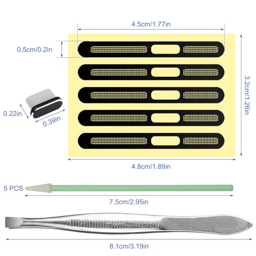 12 Pcs Cellphone Anti Dust Kit, 5 Phone Metal Speaker Dustproof Mesh Compatible for iPhone 16 15 14 Pro/Pro Max, Anti-Dust Mesh Covers with 1 USB C Dust Plugs & 1 Tweezers & 5 Cleaner Sticks - size: 12 Pcs