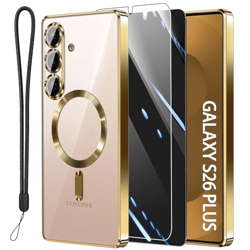 Magnetic for Samsung Galaxy S26 Plus Case with 2X Screen Protector & Full Camera Cover [Fit for MagSafe] Metal Glossy Soft Shockproof Clear Case for Galaxy S26 Plus Girl Women-Golden - color: Gold, size: for Samsung Galaxy S26 Plus