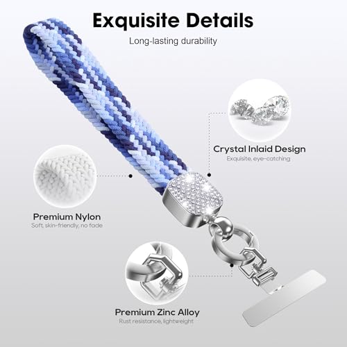 Elastic Phone Lanyard with Phone Tabs, Stretchy Braided Cellphone Wrist Strap and Keys Keychain - color: Bling Blue
