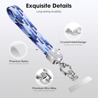 Elastic Phone Lanyard with Phone Tabs, Stretchy Braided Cellphone Wrist Strap and Keys Keychain - color: Bling Blue