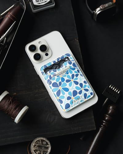 VULKIT Stick on Card Holder Compatible for iphone Leather Cell Phone Wallet Credit Card Case Strong Sticker for Women - color: Blue Bloom