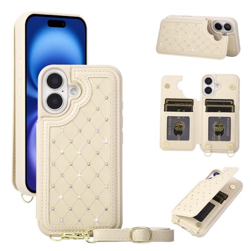 for iPhone 17 Wallet Case with Card Holder Slots and Strap, RFID Blocking Magnetic Flip Folio Cover, Crossbody Purse Protection Case with Kickstand,Beige Diamond - color: Beige Diamond, size: iPhone 17(6.3")