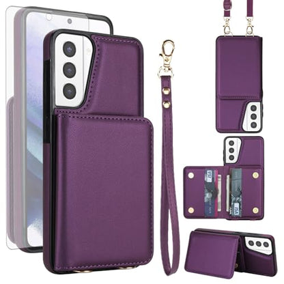 Phone Case for Samsung Galaxy S21 Plus S21+ 5G Wallet Cell Cover with Tempered Glass Screen Protector Wrist Crossbody Strap RFID Blocking Card Holder S21+5G S21plus 21S + S 21 21+ G5 Women Dark Purple - color: Dark Purple