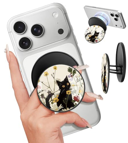 Kidcube Magnetic Phone Grip Compatible with Magsafe - Cell Phone Grip Stand Magnetic Ring Holder Finger Kickstand for iPhone 17 16 15 14 13 12 Series Magnet Removable Accessories Cute Black Cat Flower