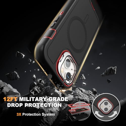Follaroma for iPhone 13 Case with Stand & Built-in Camera Cover, MagSafe Compatible, Heavy-Duty Shockproof Protection, Magnetic & Rugged Phone Cover for iPhone 13 6.1'', Black-red - color: Black-red