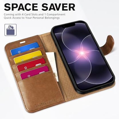 TUCCH Wallet Case for iPhone 17e & iPhone 16e (6.1"), 4 Card Holders, Brown | RFID Blocking, Viewing Stand, Shockproof TPU Shell, PU Leather, Magnetic Closure, Protective Folio Flip Cover - color: Brown