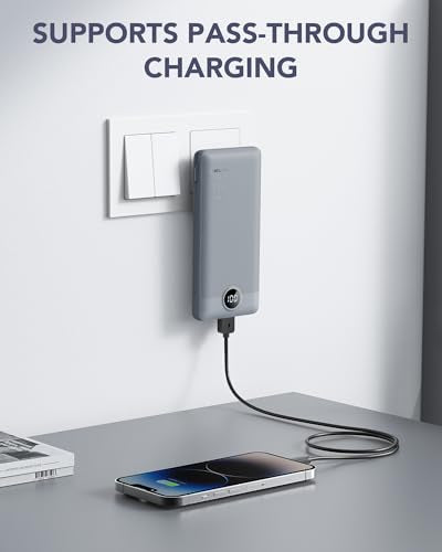 VRURC Portable Charger Built-in Cables and AC Wall Plug, USB C Power Bank 10000mAh, Travel Battery Portable Phone Charger Compact Lightweight External Battery Pack for Smart Phones, Tablets etc-Grey - color: Grey