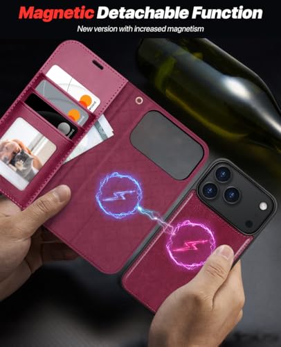 OCASE for iPhone 17 Pro Detachable Wallet Case with Card Holder, 2 in 1 PU Leather Flip Folio with RFID Blocking Stand Wrist Strap Shockproof Phone Cover 6.3 Inch 2025, Burgundy - color: Burgundy, size: iPhone 17 Pro