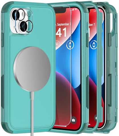 Diverbox Heavy Duty Magnetic Case for iPhone 14 [with Screen & Camera Lens Protectors] (Teal) - color: Magnetic Teal