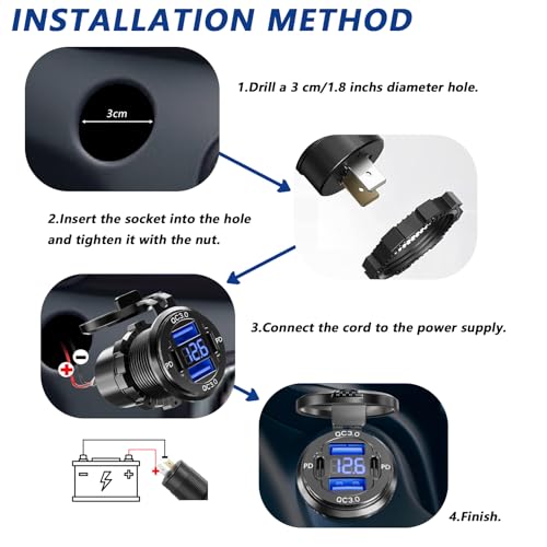 Dual PD USB C Ports & Dual Quick Charge 3.0 Ports Car Charger Socket, VANONE Aluminum Alloy Waterproof 12V USB Outlet, Accessories for Car Boat Marine Motorcycle RV ATV Truck Golf Cart, etc