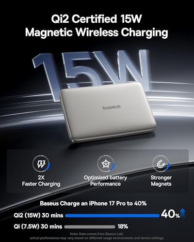 Baseus Picogo Magsafe Portable Charger, Qi2 15W 0.5" Ultra Slim 10000mAh Wireless Power Bank, 27W Fast Charging Magnetic Battery Pack with USB-C for iPhone 17 Pro Max/17 Pro/Air/16/15/14/13/12 | 10000mAh Wireless Power Bank, 27W Fast Charging Magnetic Bat