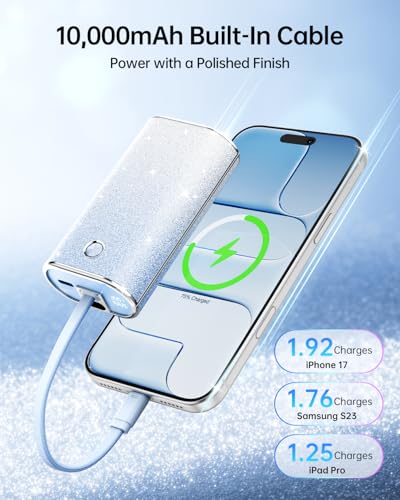 iWALK Sparkly 10000mAh Portable Charger, 22.5W Fast Charging Small Power Bank with Built-in USB-C Cable, Diamond Glitter Ultra-Compact Battery for iPhone 17/17 Pro/16/16 Pro/15, Samsung,ShinyBlue - color: ShinyBlue 22.5W