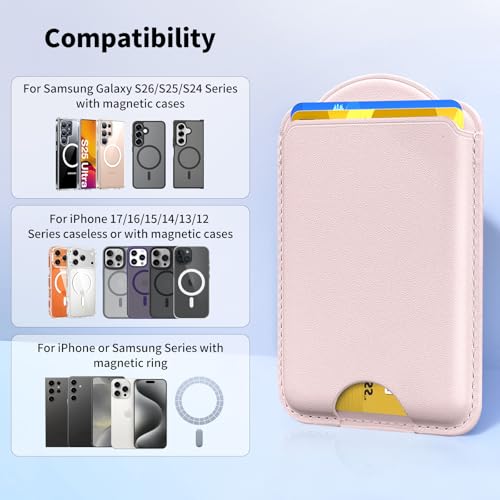Magnetic Wallet for Samsung Galaxy S26 S25 S24 Series, Fold 8 Ultra with Magsafe Case, for iPhone 17-12 Series, RFID Blocking Leather Magnetic Card Holder | Holds 3 Cards | Light Pink - color: Light-Pink