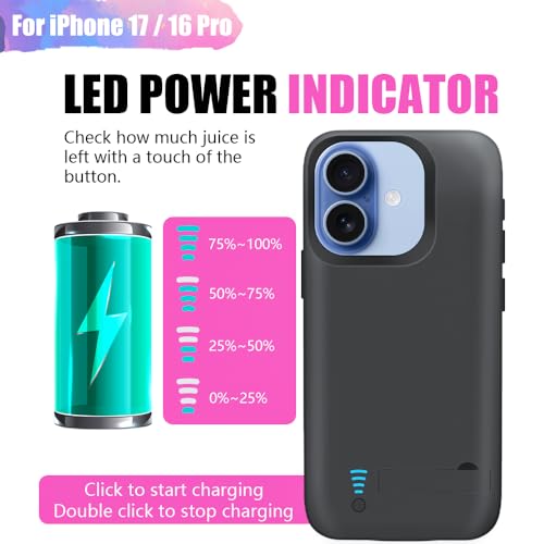 Battery Case for iPhone 17 / iPhone 16 Pro, 5000mAh Rechargeable Extended Battery Charging/Charger Case, Add 100% Extra Juice (6.3 Inches) Black