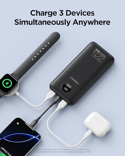 PISEN 10000mAh 3C Power Bank - 10000mAh 22.5W CCC Certified Power Bank, Travel Battery Pack 3C Portable Charger, PD QC LED Display Travel Portable Charger 2USB-A, 1USB-C for iPhone, Samsung and More
