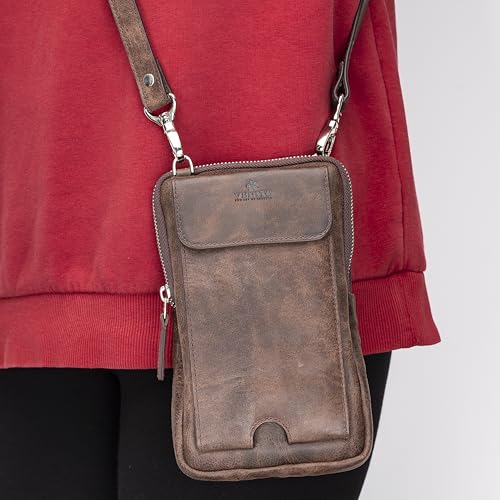 Ferrara Premium Leather Crossbody Phone Purse - Unisex Crossover Sling Shoulder Bag with Card Holder & Adjustable Strap - color: Dark Brown