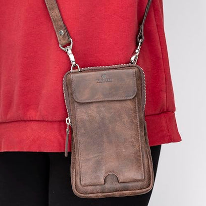 Ferrara Premium Leather Crossbody Phone Purse - Unisex Crossover Sling Shoulder Bag with Card Holder & Adjustable Strap - color: Dark Brown