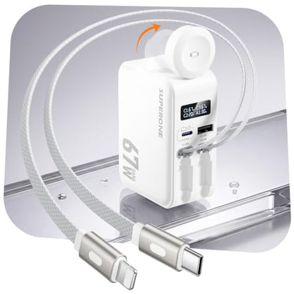 SUPERONE 67W Retractable Wall Charger with USB-C and Apple Cables 5-in-1 - color: White