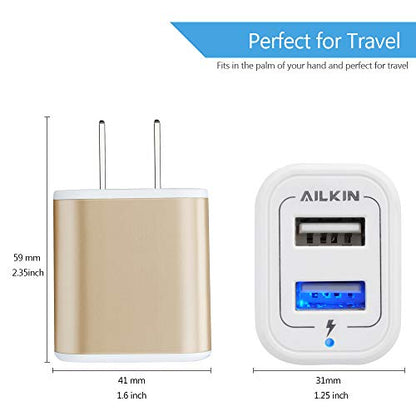 USB Power Adapter, Wall Plug Ailkin 2-Pack 5V/2.1A Fast Charging Cell Phone - color: Gold