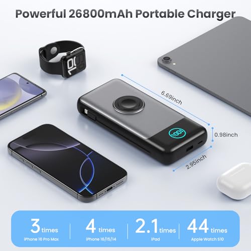 Portable Charger for iPhone with Built-in Cables and AC Wall Plug,26800mah Fast Charging USB C Power Bank,25W PD Travel Essential Battery Pack for iPhone 17/16/15/14/13,Galaxy,Apple Watch (Black) - color: Black