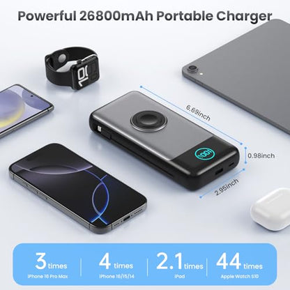 Portable Charger for iPhone with Built-in Cables and AC Wall Plug,26800mah Fast Charging USB C Power Bank,25W PD Travel Essential Battery Pack for iPhone 17/16/15/14/13,Galaxy,Apple Watch (Black) - color: Black