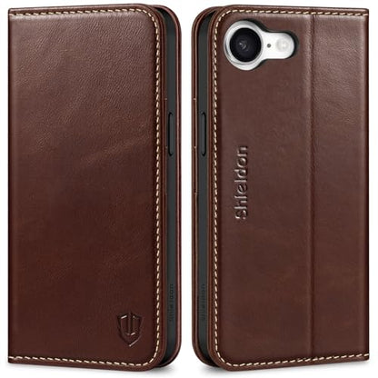 SHIELDON Genuine Leather Flip Wallet Case for iPhone 17e/16e, Retro Coffee | RFID Blocking, Credit Card Holder, Magnetic Closure, Kickstand, Folio Design, Soft Shock-Absorbent Phone Cover - color: Retro Coffee