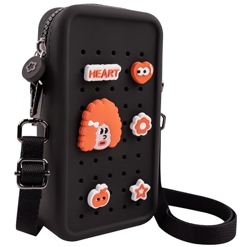 Silicone Crossbody Bag for Women, DIY Charm Compatible Perforated Hole Design, Compact Waterproof Lightweight Phone Purse with Adjustable Strap for Daily Use (Black) - color: Black