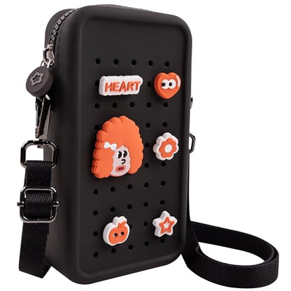 Silicone Crossbody Bag for Women, DIY Charm Compatible Perforated Hole Design, Compact Waterproof Lightweight Phone Purse with Adjustable Strap for Daily Use (Black) - color: Black