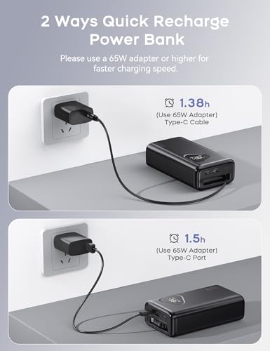 RORRY Laptop Power Bank, 25000mAh 65W Portable Charger Retractable Cables - color: Black