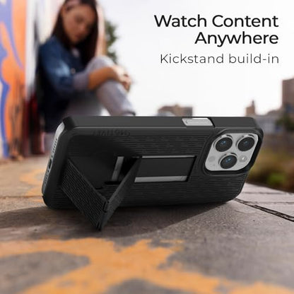 MOTIVE for iPhone 15 Pro Case with Belt Clip, Rigid, Kickstand | 6.1" | Ranger v1 Series, Black, 360° holster, open-top/open-bottom port access, textured grip, slim - size: iPhone 15 Pro