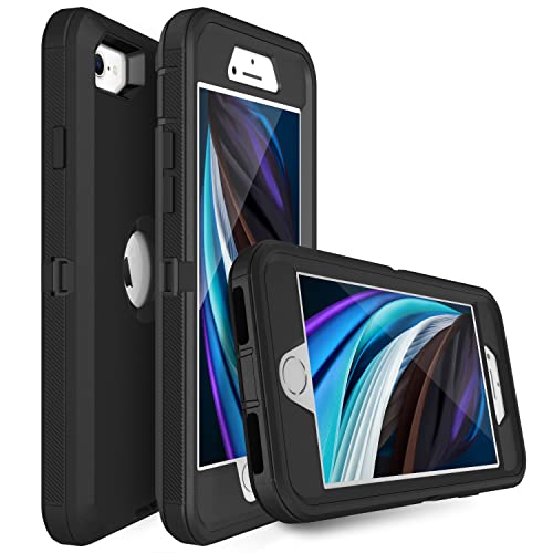 MXX Case Designed for iPhone SE 2020 / SE 2022 Heavy Duty Protective Case with Screen Protector [3 Layers] Rugged Rubber Shockproof Protection Cover & Rotating 360 Degree Belt Clip (Black) - color: Black