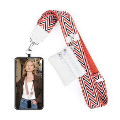 BARGIFTS Clip and Go Strap for Phone with Wallet Crossbody, Cell Phone Lanyard with Zippered Pouch, Adjustable Phone Strap Crossbody with Wallet - color: A-red&white
