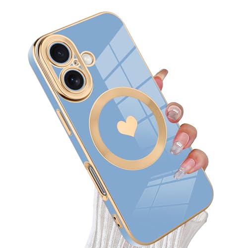 tharlet Magnetic for iPhone 16 Case Cute Love Heart Luxury Plating | [Compatible with Magsafe] with Full Camera Lens Protection and screen protector, Gift giving & daily matchingBlue - color: Blue Love Heart, size: iPhone 16