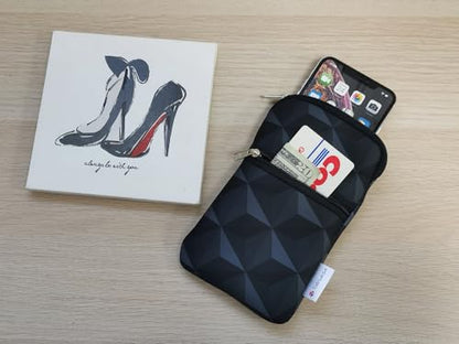 Tainada Small Crossbody Zipper Phone Neck Pouch (Black Geometric) mini Neoprene Dual Zip Wallet Purse Bag; Water-Resistant, Shockproof, Lightweight; Adjustable & Detachable Strap - color: Black Geometric Pattern